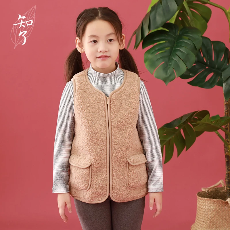 知了童装6951 女童冬款加厚复合麂皮绒马甲中大童羊羔绒背心