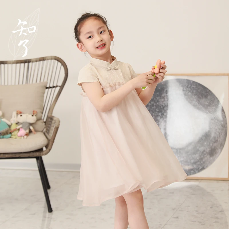 知了童装53196 女童夏装中国风纱裙洋气女童中式旗袍短袖连衣裙