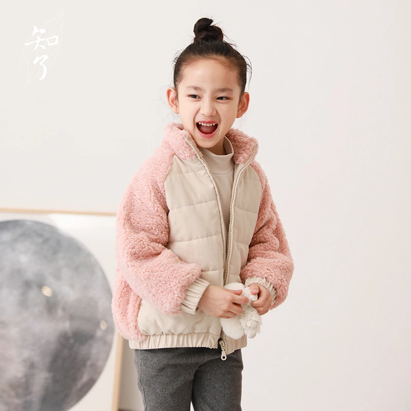 知了童装52241 秋冬女童夹棉羊羔绒外套立领休闲棉衣儿童