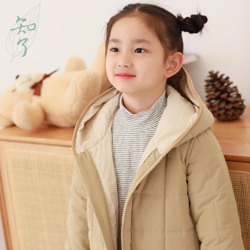 知了童装51171 冬装女童长款棉衣儿童棉服加厚连帽棉外套