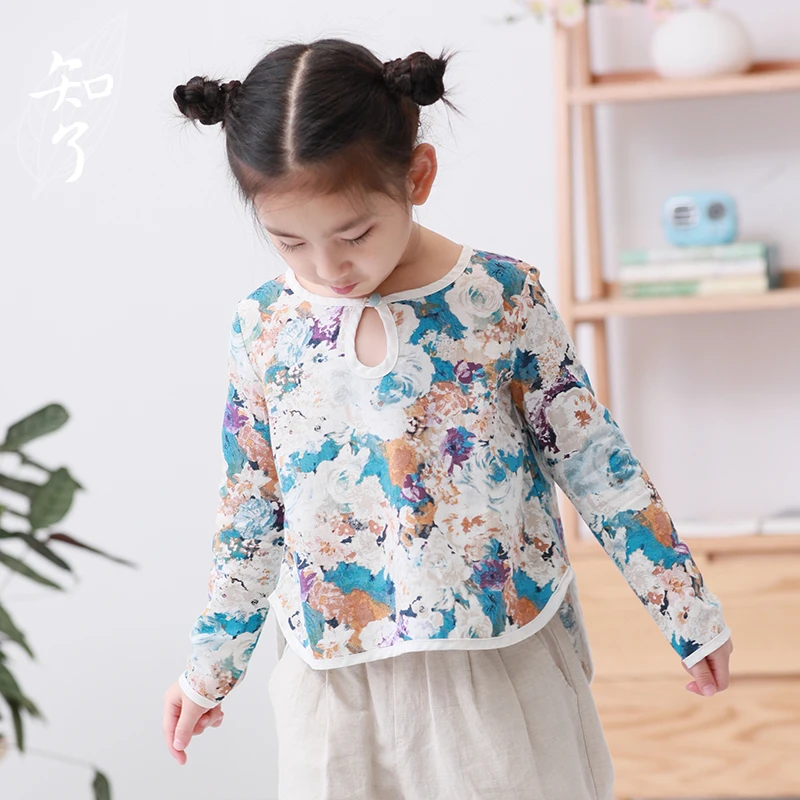 【清仓】知了童装5107 春秋女童印花上衣轻中式棉麻圆领衫长袖衬衫