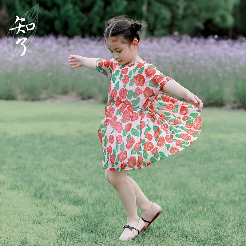 知了童装51046 夏装女童印花连衣裙宽松娃娃裙公主裙含内搭吊带裙