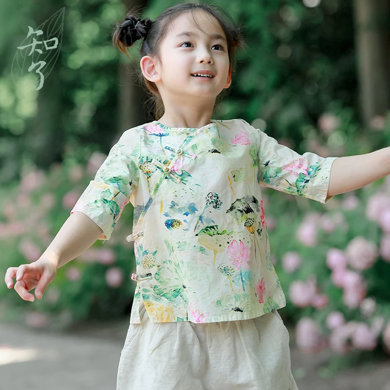 知了童装 51532女童秋款全棉七分袖印花衬衫中式圆领衫夏装上衣