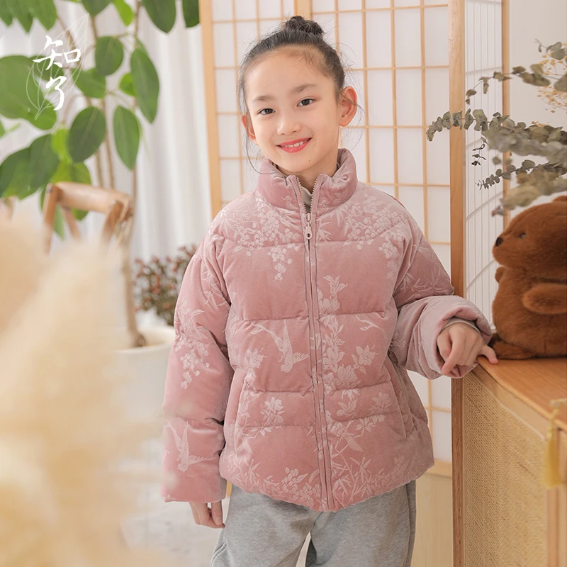 知了53325新中式复古丝绒压花棉服短款加厚冬装棉衣外套女童