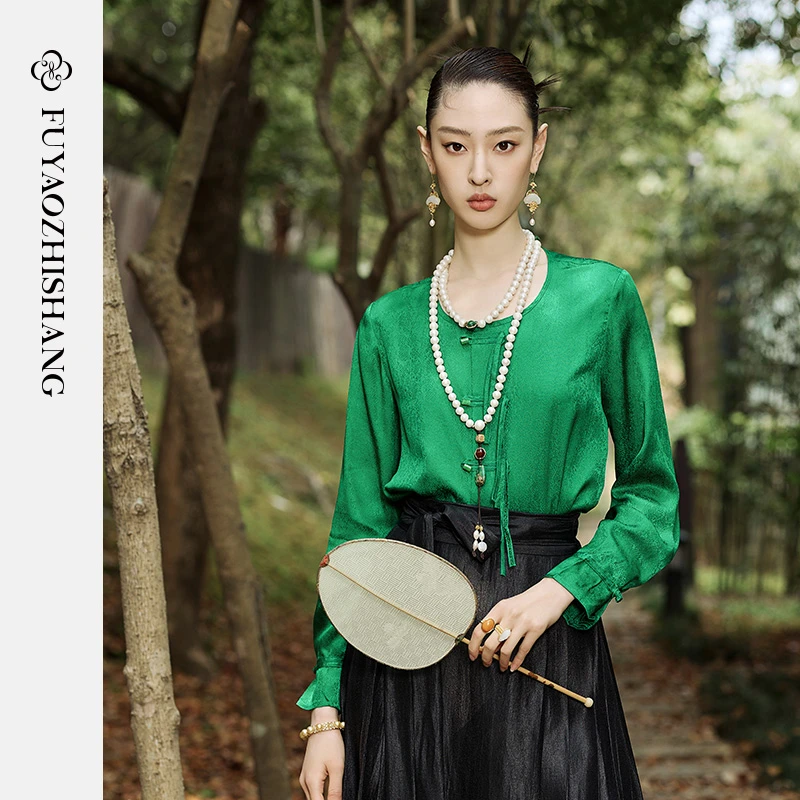 扶摇系列 夏季国风提花圆领衬衫新中式气质时尚中国风绿色衬衣