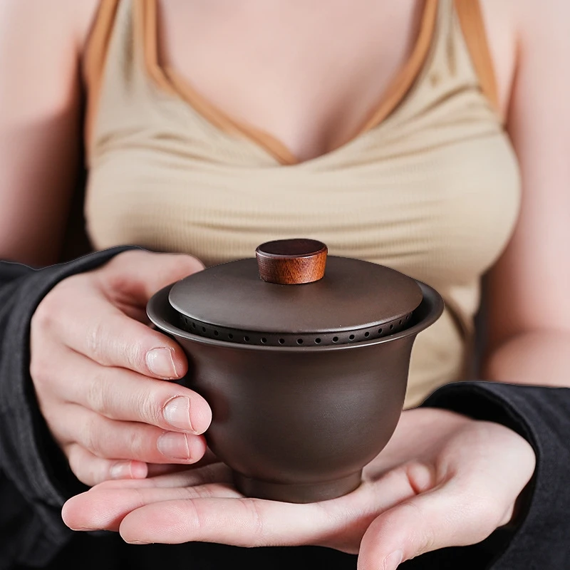 专业手抓盖碗紫砂朱泥茶壶全孔自带过滤免茶漏盖碗防烫手抓壶