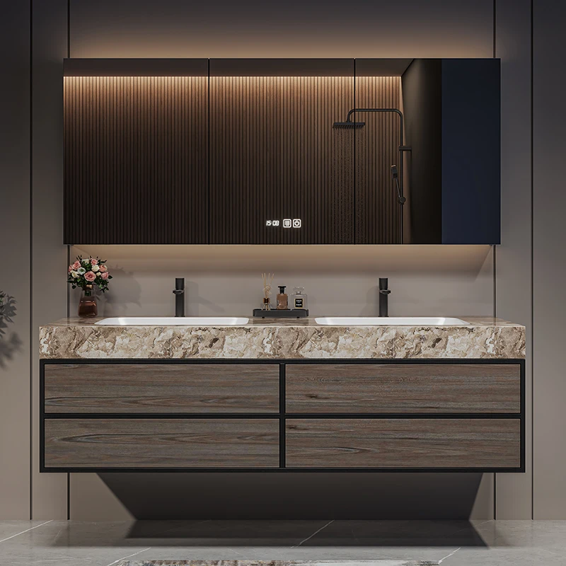 晖灿高端中古风浴室柜组合岩板无缝陶瓷一体盆卫生间洗手台双盆柜