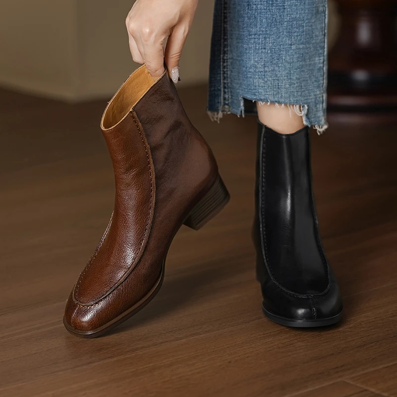 跟高3.5cm/34-40筒高15法式复古圆头后拉链短靴女气质手工成型底