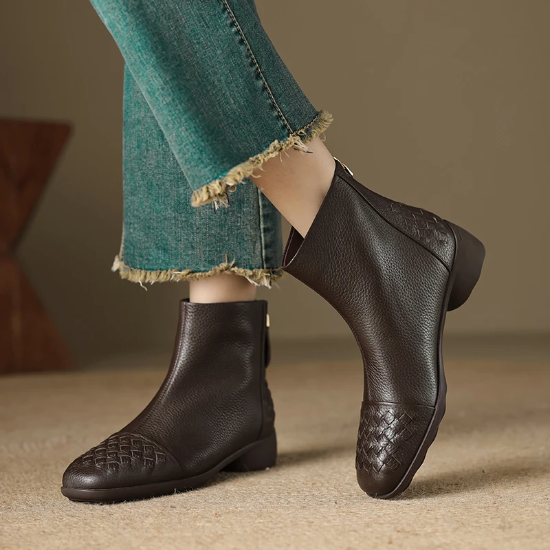 跟高4.5cm/牛34-40法式复古方头编织短靴女后拉链厚底粗跟舒适软