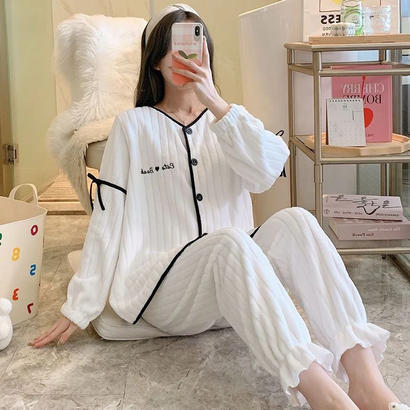 珊瑚绒睡衣女秋冬款开衫加绒加厚套装学生甜美可爱冬季外穿家居服