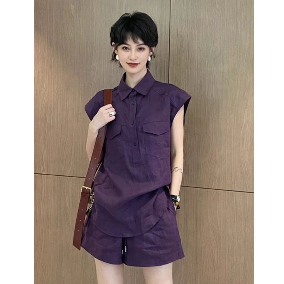 夏装搭配一整套酷飒拽姐干练气质高级感紫色衬衫休闲短裤套装