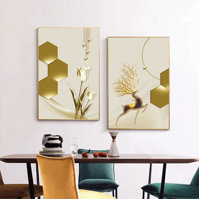 【升级款】《鹿角开花》餐厅两联晶瓷镶钻装饰画背景墙挂画CD04