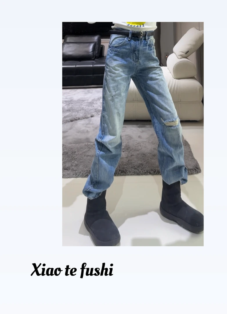 小特 早春直筒复古窄版牛仔裤假破洞垫布设计高品质重工水洗个性