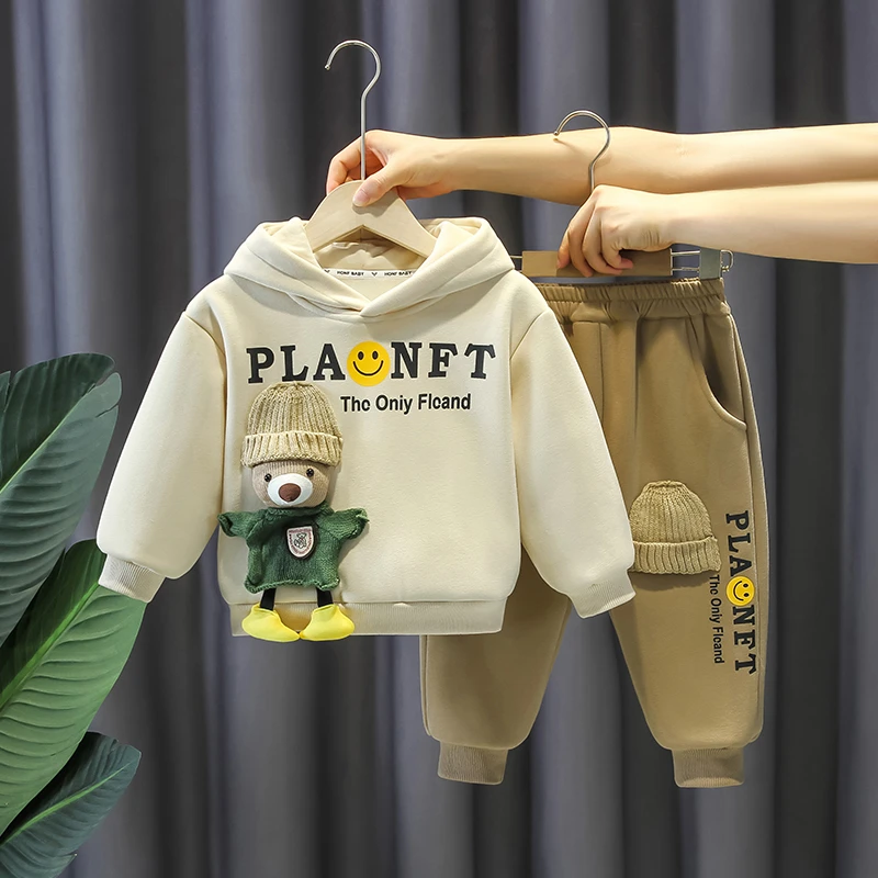 儿童套装秋冬装帅气男童卡通连帽卫衣两件套宝宝冬季加绒保暖洋气