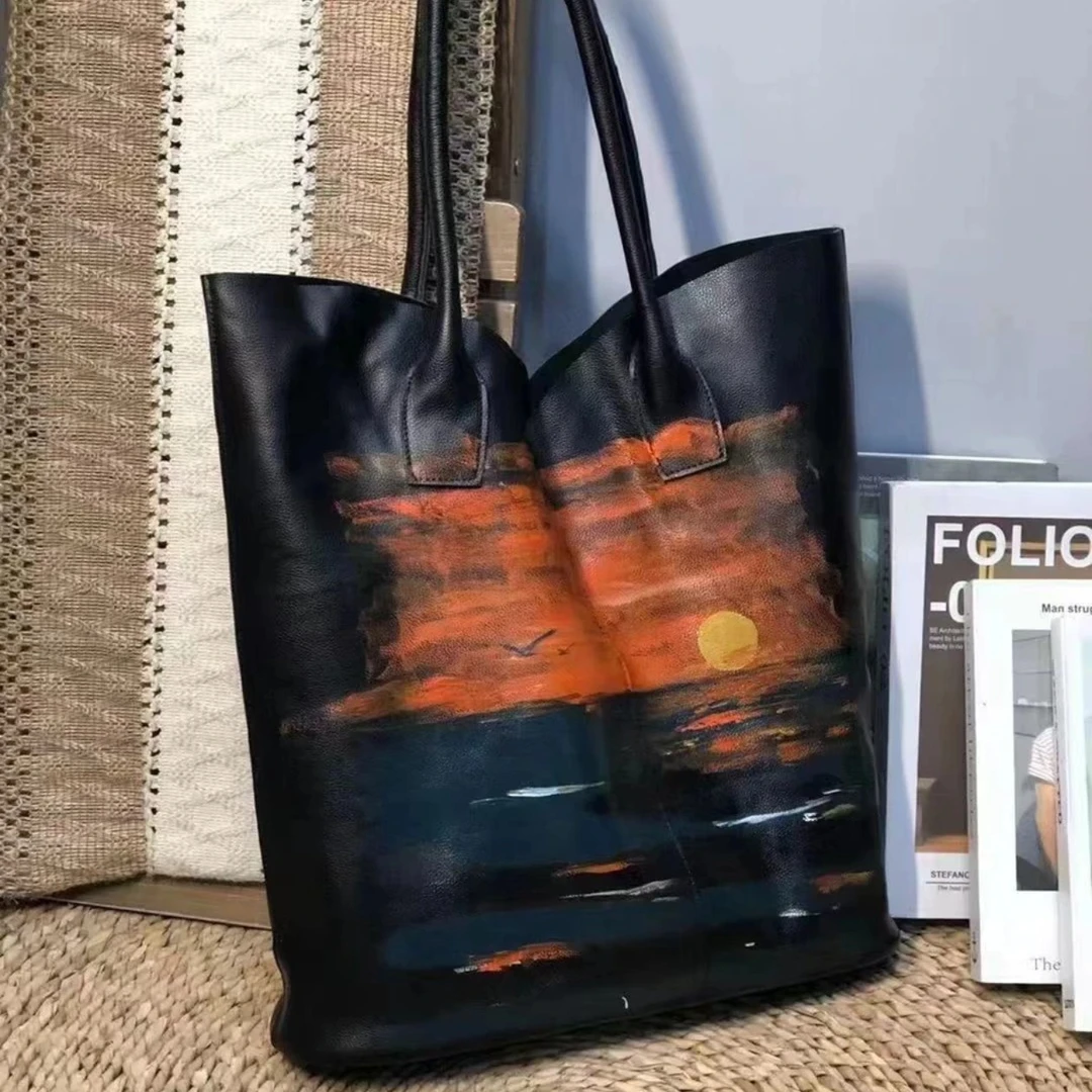 高端设计师手工手绘日出风景画复古休闲女士单肩包001