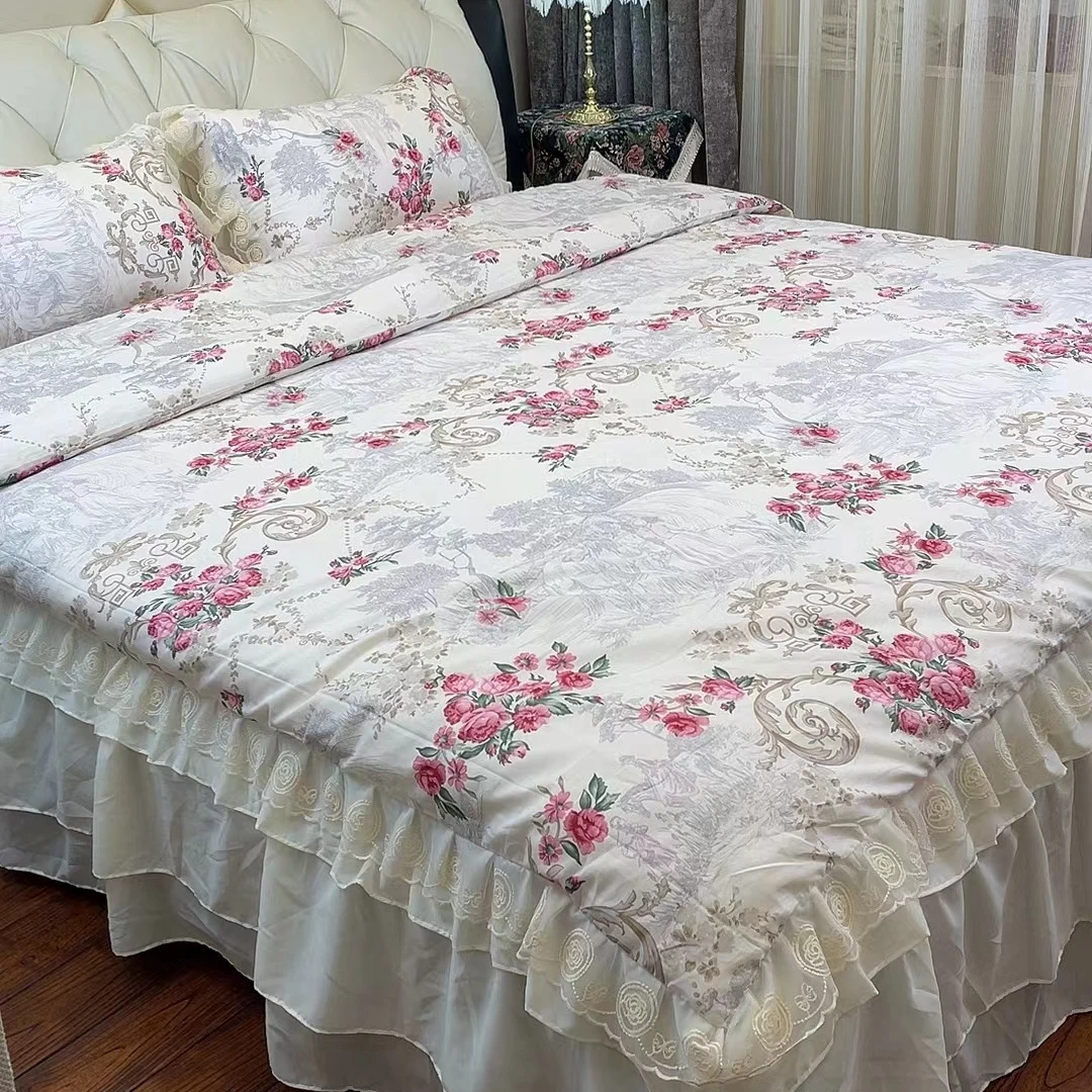 春夏高端纯棉四件套床裙款韩版花边款被套法式蕾丝床上用品套件