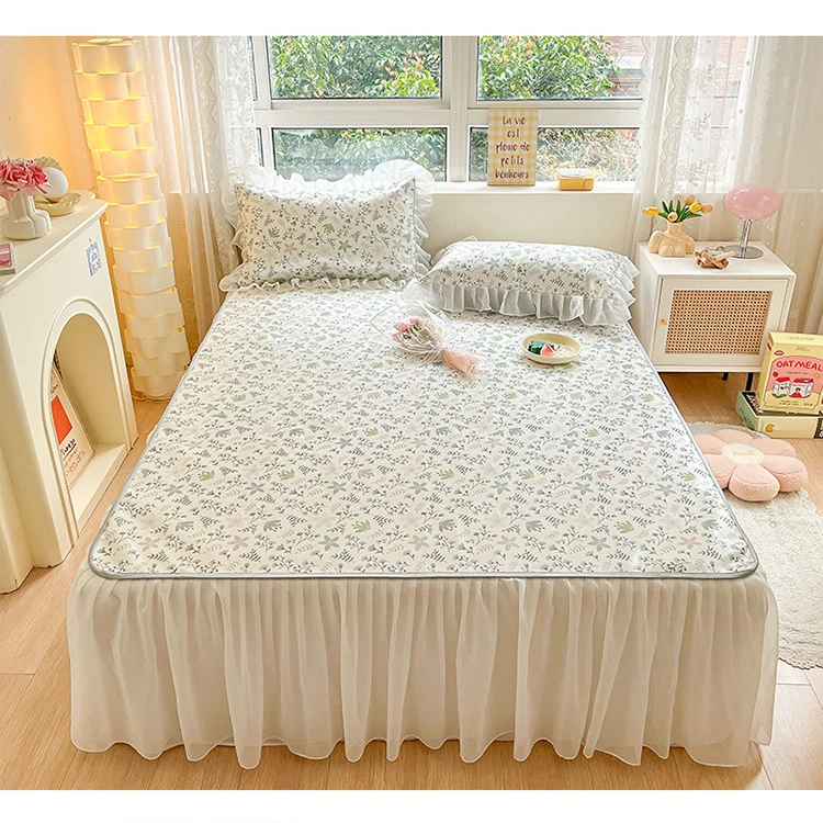 欧美式冰丝凉席床裙款三件套可机洗空调席纤维软凉席复古花型席子