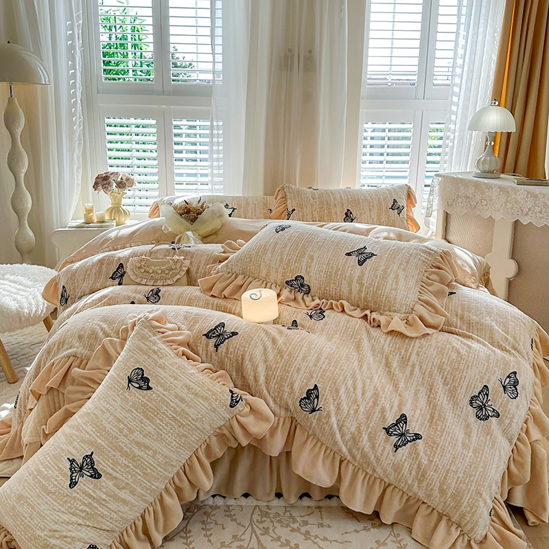 高端加厚牛奶绒床盖四件套加绒公主风毛绒被罩床上用品宝宝绒套件