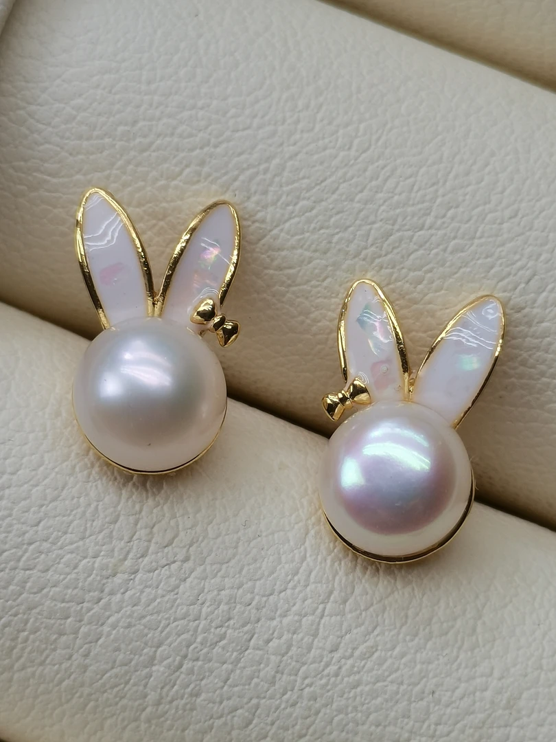 天然淡水珍珠耳钉小兔子几乎无瑕可爱迷你白色珍珠耳钉百搭韩版