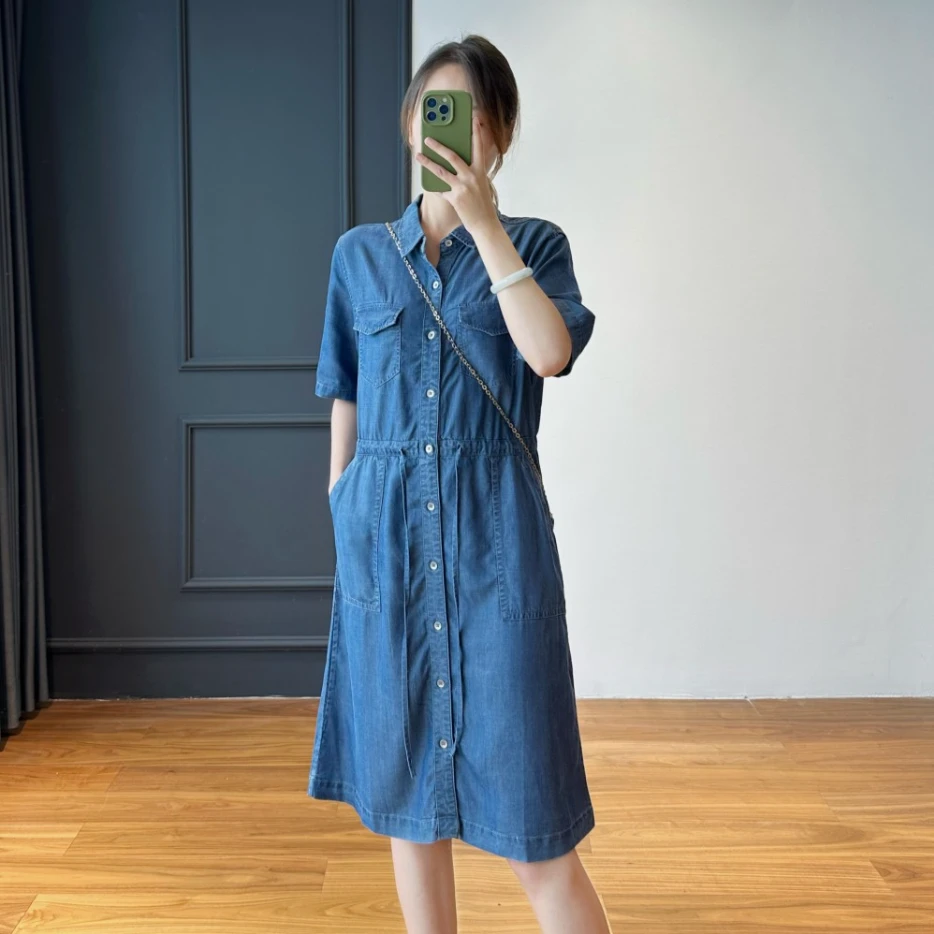 夏季宽松显瘦收腰系带中长款POLO领凉爽透气天丝短袖牛仔连衣裙女