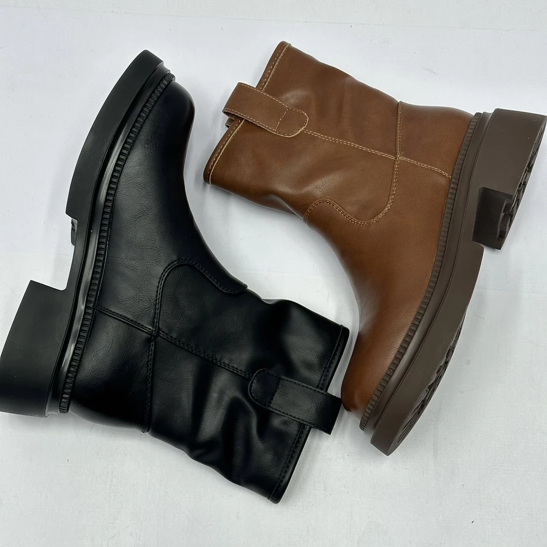 女士低跟靴子中筒高帮马丁靴复古圆头胶粘女烟筒靴/9812