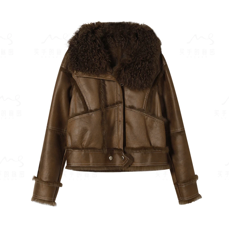 【西班牙羊卷毛】皮毛一体拼接兔毛机车风短款外套PC-X1031-65D88