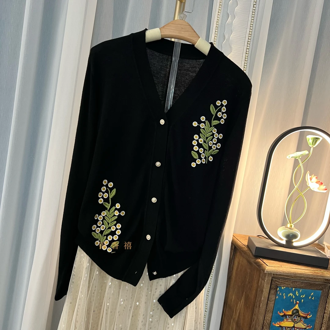 【A512小雏菊】纯色黑色V领大码百搭针织衫开衫外套女