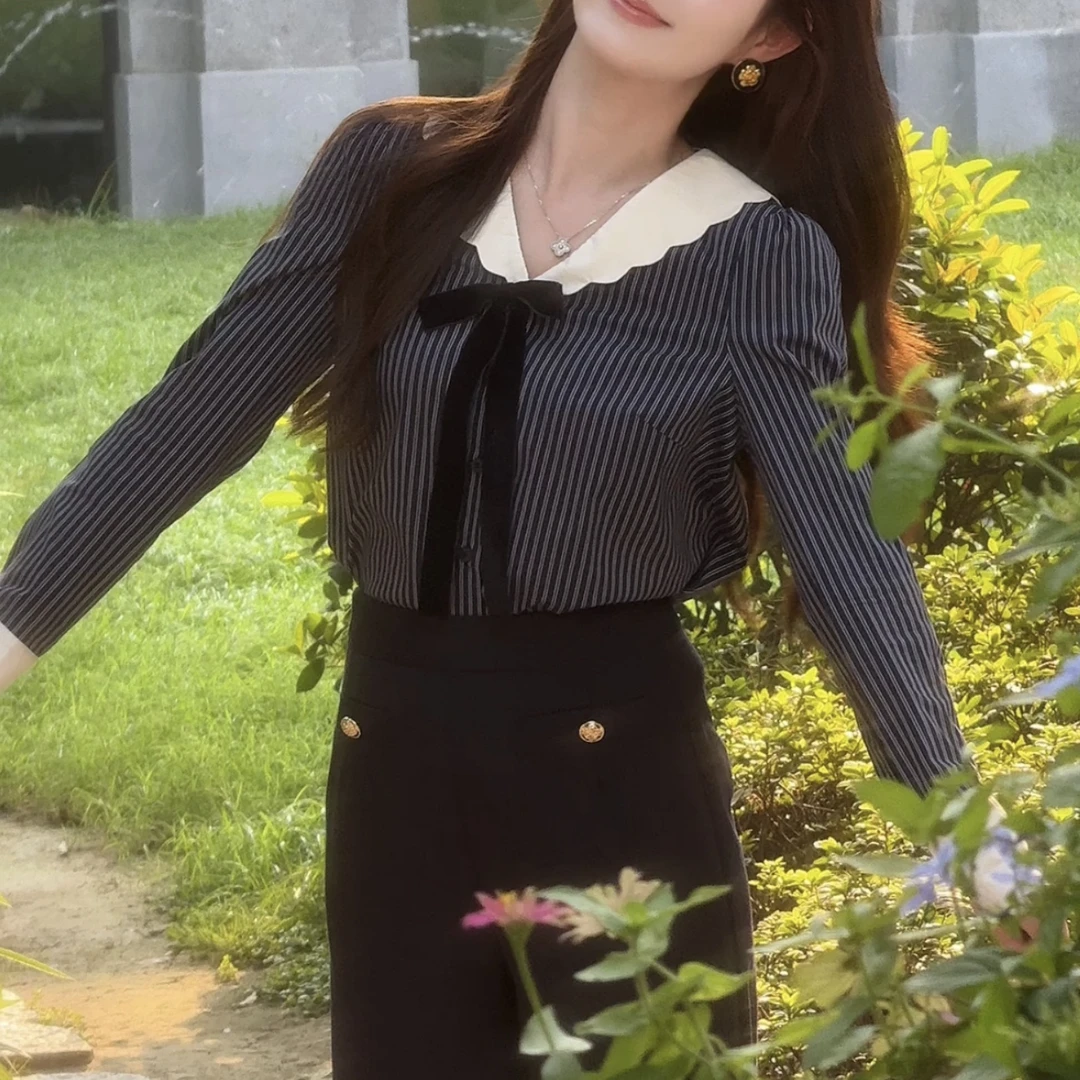 【港岛落日】LiLi条纹娃娃领蝴蝶结撞色衬衫XMZH4486