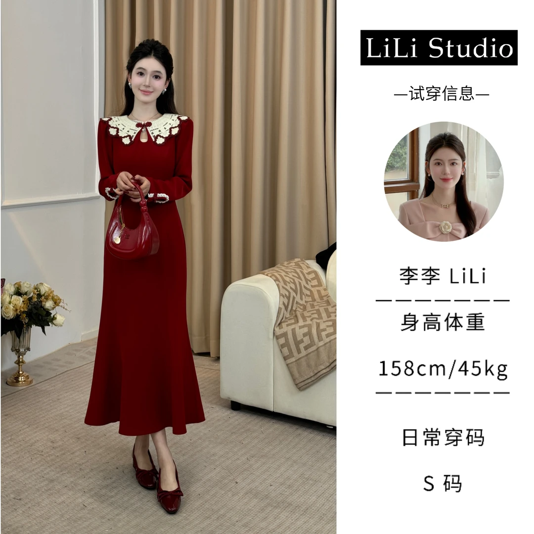 【馥郁玫瑰】LiLi新中式复古红色设计款鱼尾连衣裙 XMZH4661