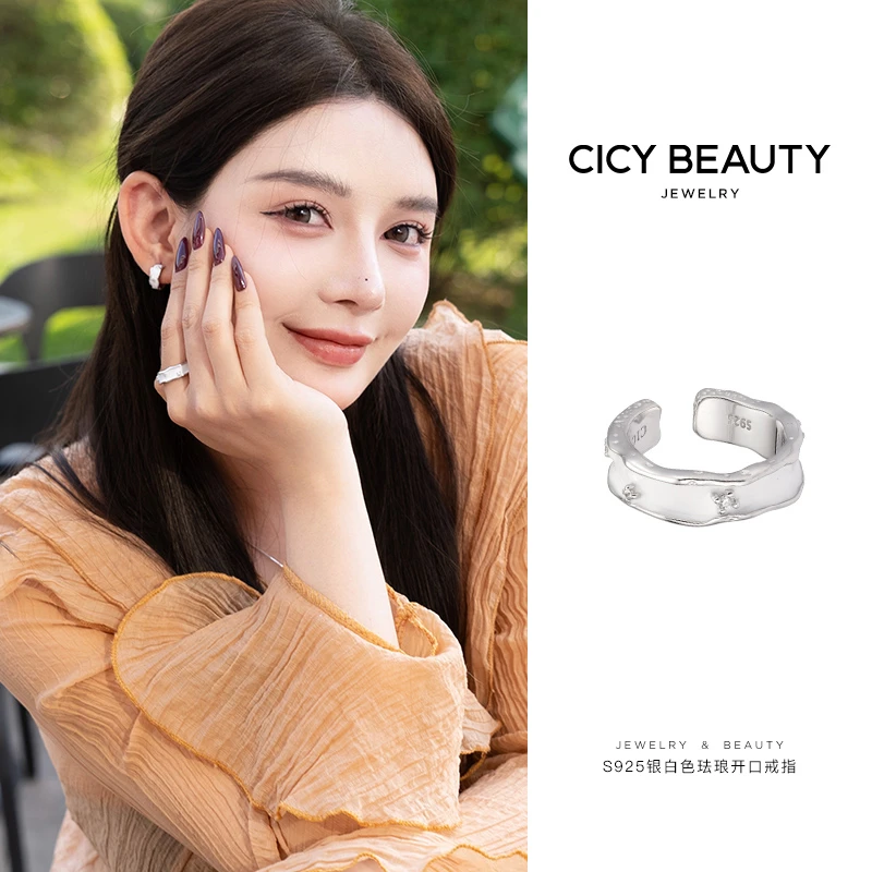 925银珐琅戒指 白色珐琅银戒气质素圈简约指环个性不掉色开口银