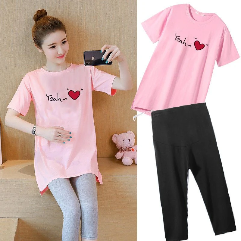 孕妇装套装短袖T恤上衣女夏季新款大码宽松中长款遮肉外出两件套