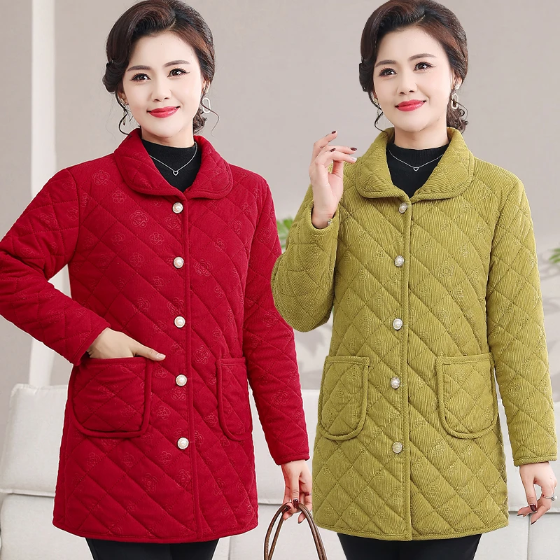 妈妈装棉衣外套女中长款加绒保暖上衣2024新款秋冬大码宽松罩衣