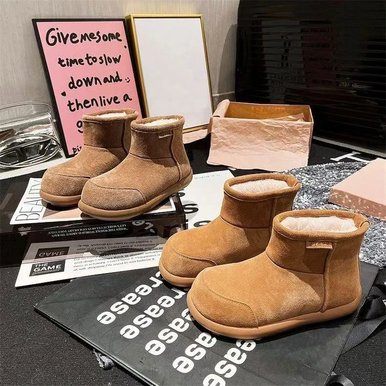 2024冬季新款磨砂百搭丑萌大头雪地靴女平底加绒保暖休闲复古棉靴
