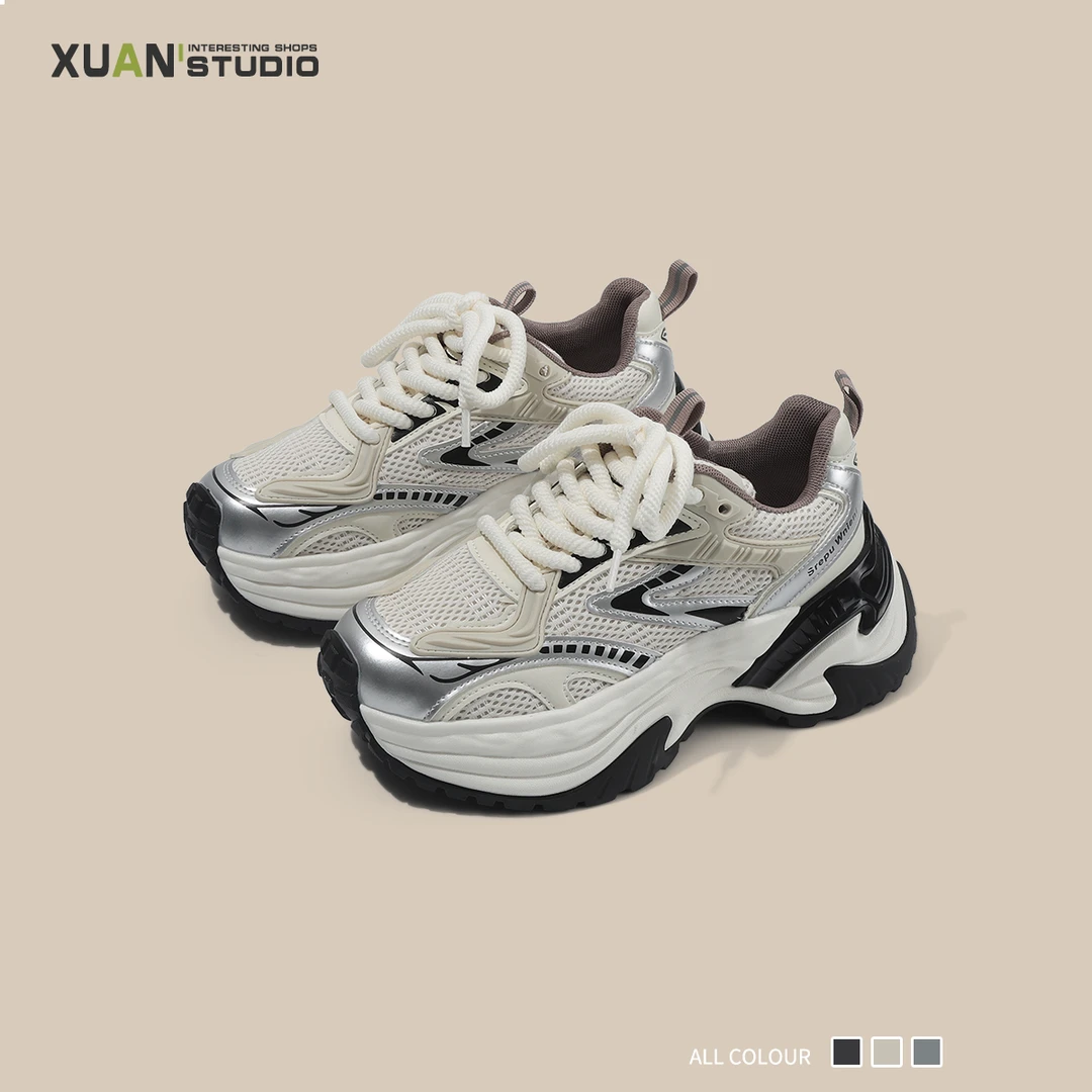 2024春季新款厚底网面透气设计老爹鞋百搭时尚小个子潮流休闲女鞋