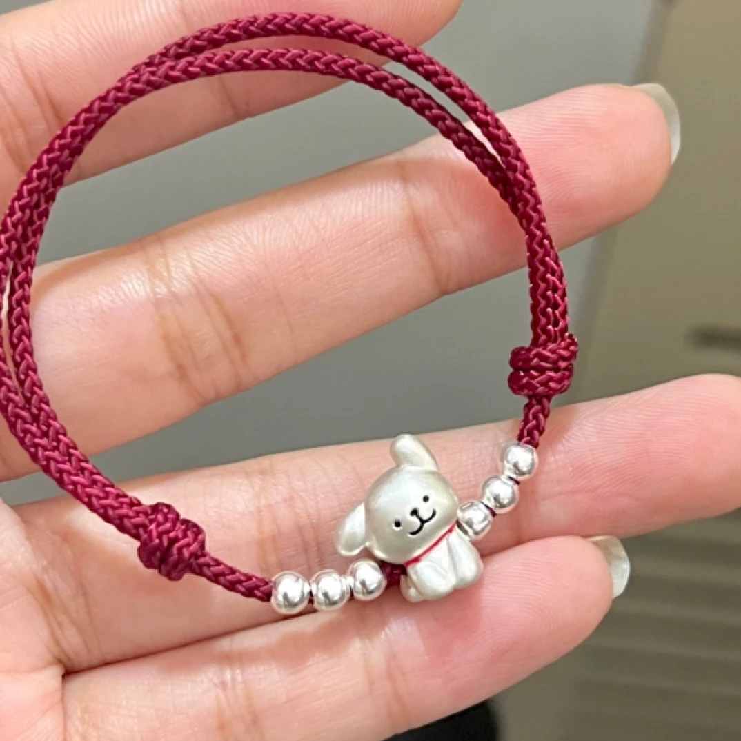 足银手链 山西文创-手工编织线条小狗抽拉红绳手链情侣闺蜜款
