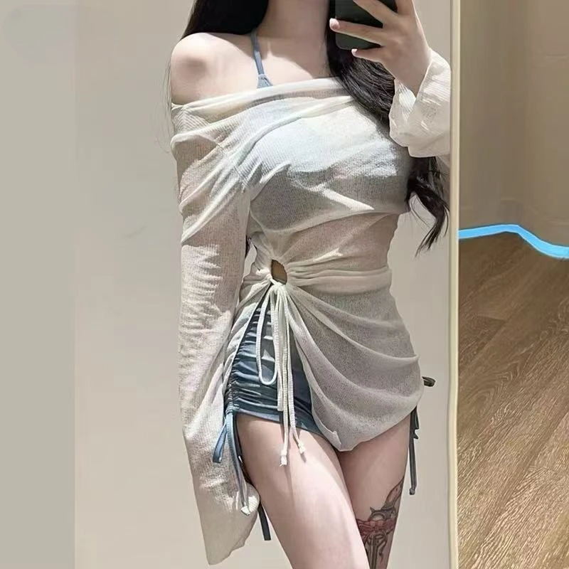 新款扎染蓝色运动分体平角比基尼罩衫三件套泳性感遮肚显瘦辣妹款