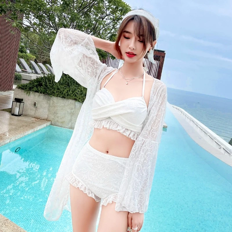 韩国泳衣女夏分体比基尼平角白色仙女范长袖衫蕾丝性感ins风泳装