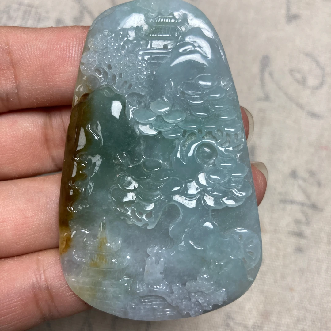 天然缅甸翡翠A货糯冰红翡蓝水山水牌吊坠种老玉质细腻油润无纹裂