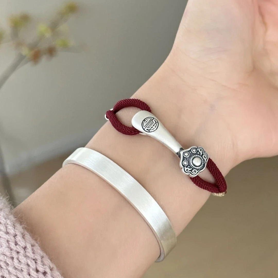 足银银制品 999足银如意红绳手链男女款复古情侣手链本命年手绳