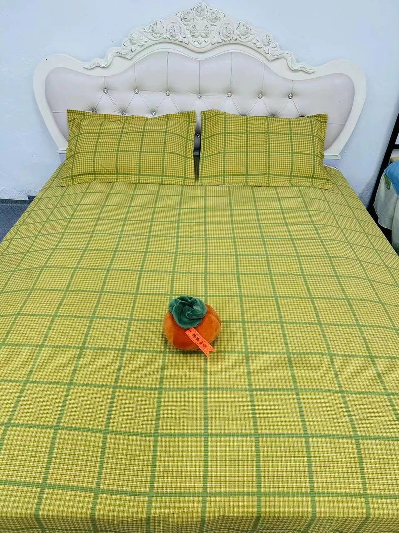 《黄绿条纹格》全棉A类铂金鱼骨棉双人三件套