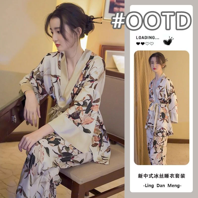 冰丝睡衣女2024春夏新款中式印花款长袖长裤宽松两件套学生家居服