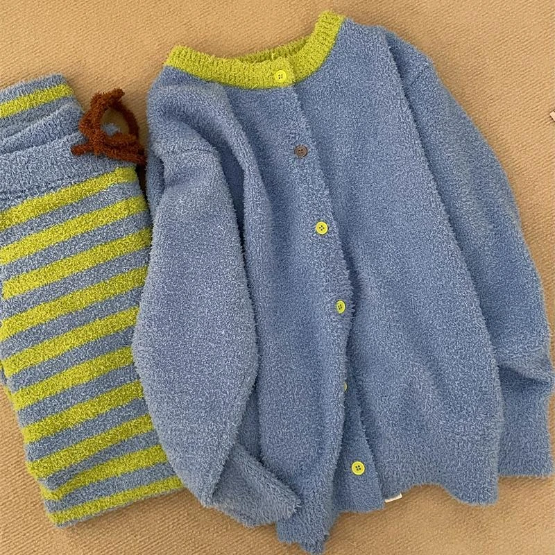 韩版简约休闲高级感半边绒睡衣女冬款撞色条纹毛绒针织家居服套装