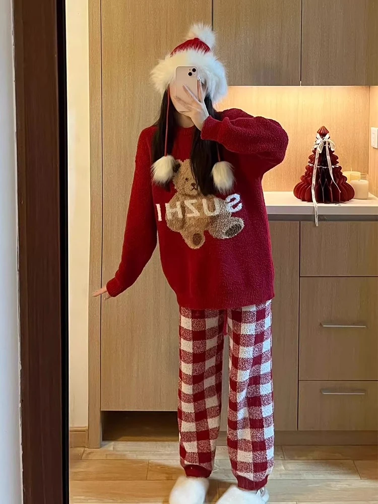 【甜美针织小熊】印花半边绒睡衣套装秋冬季新款加厚保暖家居服女