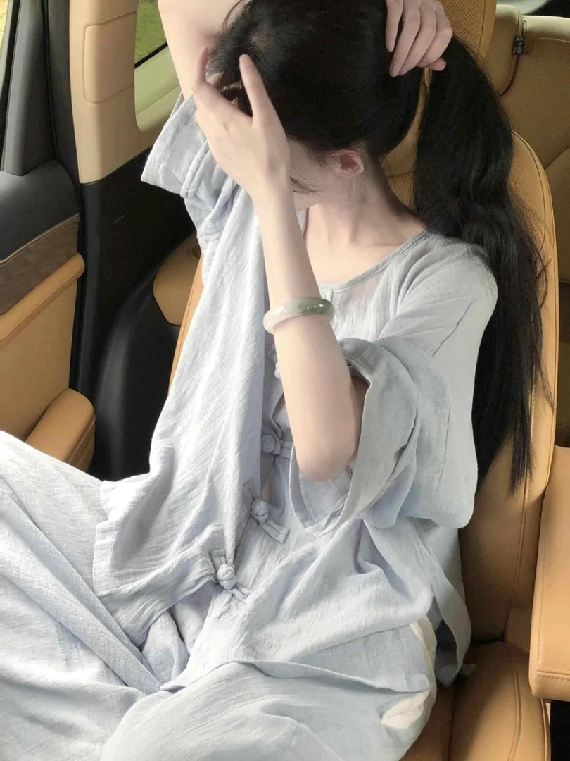 盘扣新中式双层棉纱纯色睡衣女款春秋款2024新款大码家居服套装秋