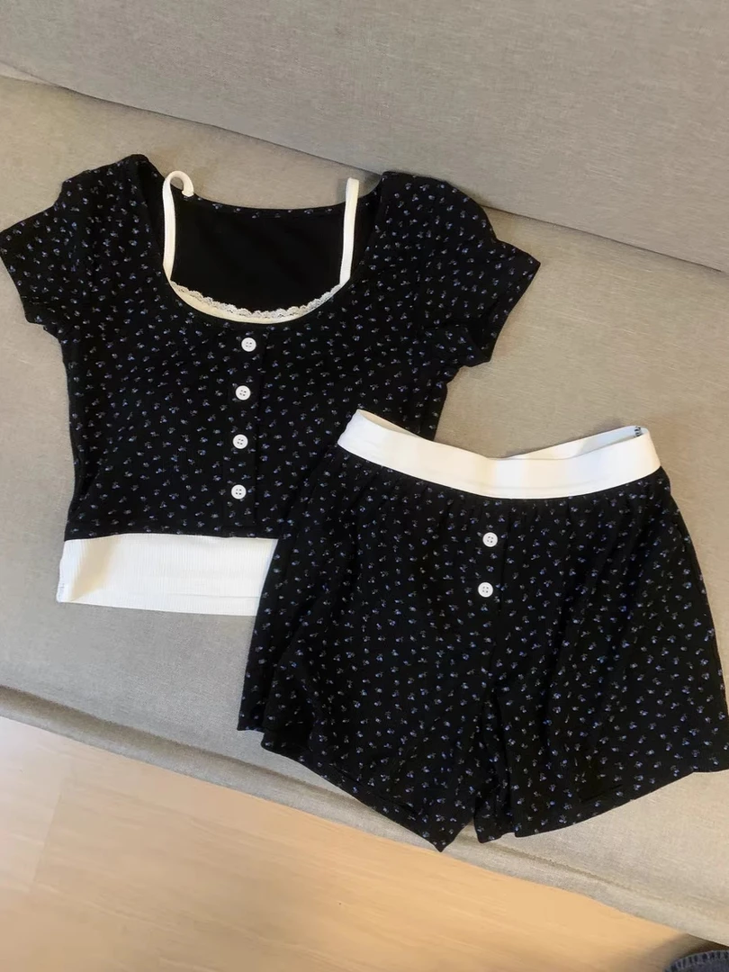 短袖睡衣女夏季2024新款洋气甜美少女碎花带胸垫假俩件家居服套装