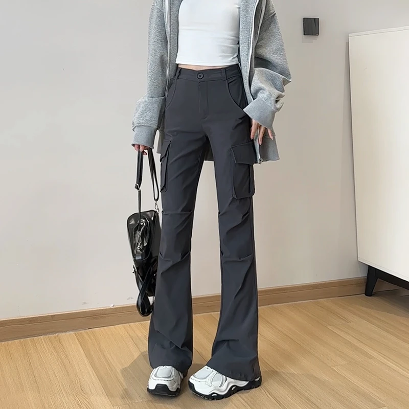 灰色微喇叭工装裤女款春秋季2025款美式小个子窄版高腰高弹力裤子