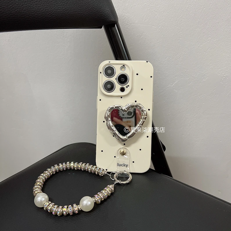 爱心补妆镜苹果15promax手机壳带挂链iPhone13腕带14支架12新款11