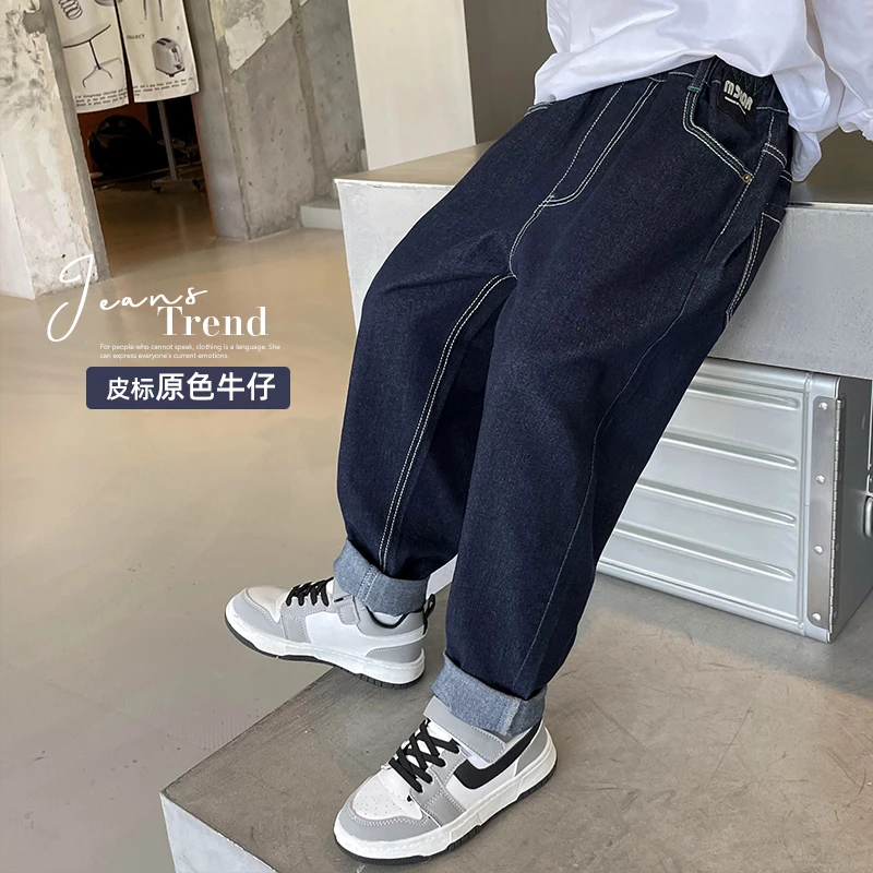 【皮标牛仔】中大童原色宽松牛仔裤春秋款帅气简约休闲长裤|23cj08