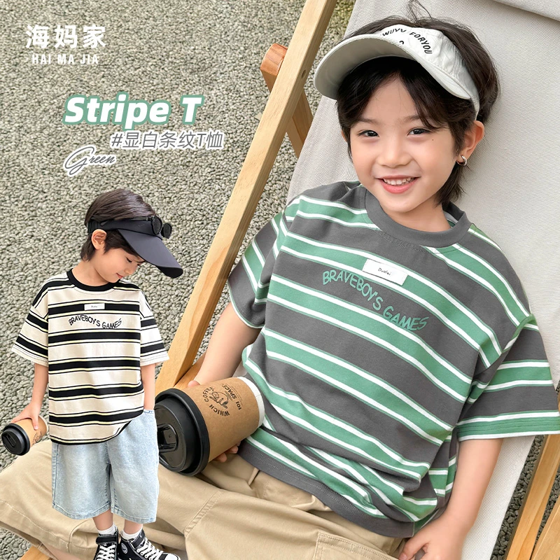 男童短袖T恤25夏装新款纯棉男孩上衣儿童大童条纹半袖体恤|23ba76