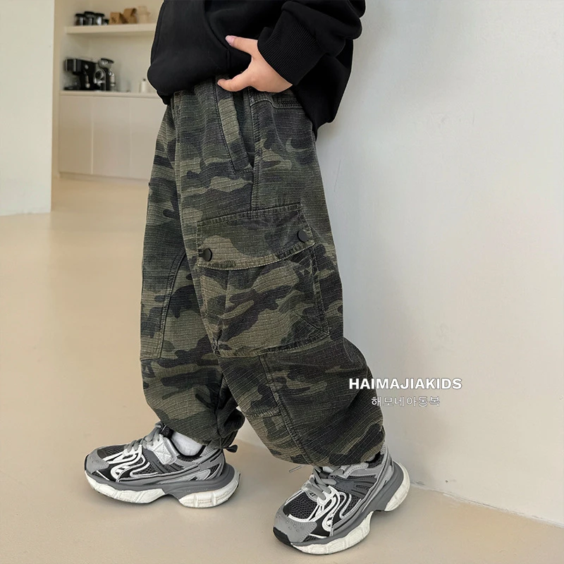 海妈家 男童迷彩裤子2024秋冬儿童加绒加厚休闲裤大童长裤|24dk14